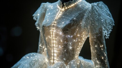 Illuminated lace wedding dress on mannequin, dark studio, fashion show backdrop