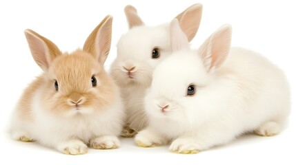 Three Adorable Bunny Rabbits Sitting Together On White Background Perfect For Springtime