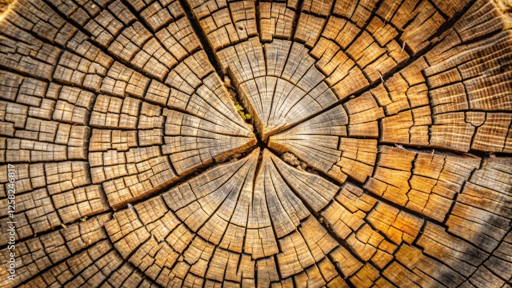 Poster The intricate patterns of a tree trunk's cross section, showcasing the concentric rings and radial cracks that tell a story of time and growth