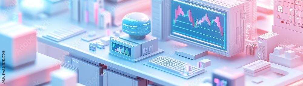 Poster a futuristic workspace featuring advanced technology, with a computer displaying data trends and a r
