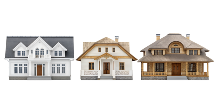 3D Home Models on White Background, Residential Architecture, Modern House Renderings, Virtual Home Concepts