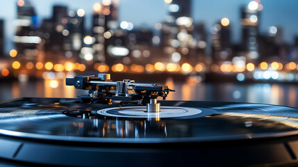 Obraz premium Turntable and City Nights, Vinyl Record Plays Melodies Against Urban Lights, Creating a Serene and Nostalgic Atmosphere.