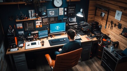 A cozy loft with DIY electronics, soldering tools, and circuit boards, an engineer s creative home workshop