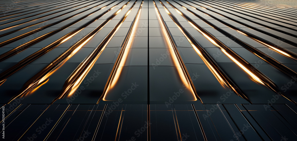 Poster Sleek metallic surface with reflective lines and patterns, showcasing modern design and technology. interplay of light creates dynamic visual effect