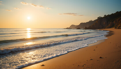 Beach at sunset waves rolling on sand under the sun, cliffs in background. Tourism