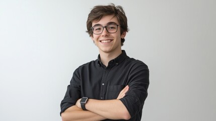 Smiling teen, arms crossed, studio portrait, neutral background, website profile