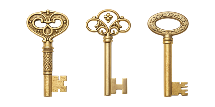 Golden Key on White Background, Luxury Key Design, Symbol of Success, Elegant Golden Key, PNG Transparent