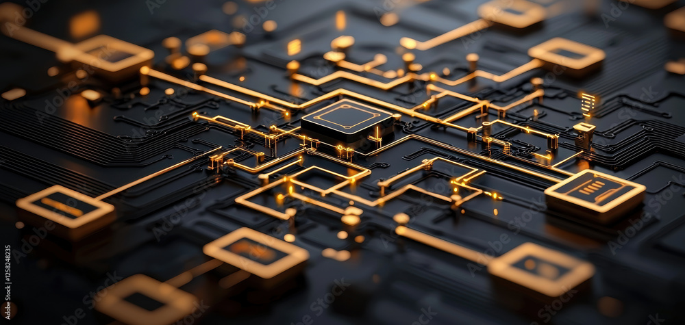 Poster close up view of circuit board with intricate patterns and glowing elements, showcasing technology and innovation. design features dark background with golden highlights
