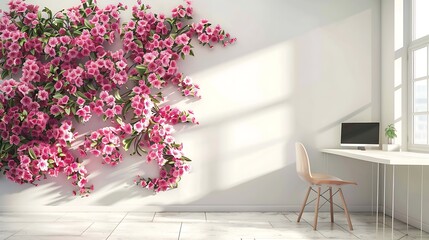 Fototapeta premium Intricate 3D artwork of azaleas on a wall, with a bright and modern workspace mockup on the side.