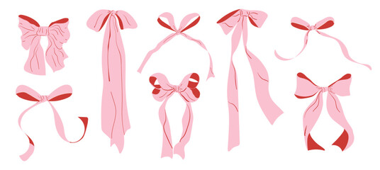 A collection of hand drawn pink bows with ribbons. Isolated. Vector illustration for wedding invitations, menus, cards for Christmas, Valentine's Day, birthday and other holidays.