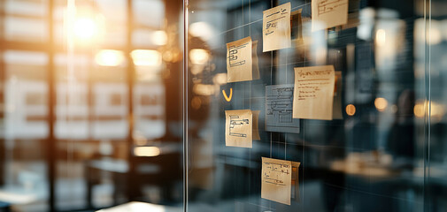 Engaging workshop scene with sticky notes on glass wall, sunlight illuminating workspace, showcasing collaboration and creativity in modern office environment