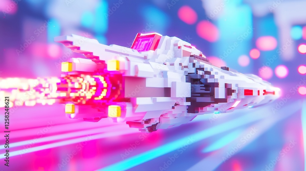 Poster pixel-art spaceship launching data-driven business growth, featuring a minimalist backdrop, streamli