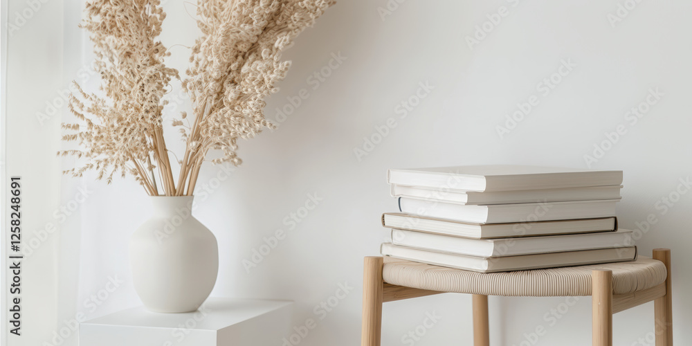 Poster cozy study nook featuring vase with dried flowers and stacked books on wooden stool, creating serene