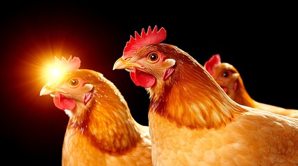 Fototapeta premium Three Brown Chickens Standing in a Row on a Farm with a Black Background Animal Portrait