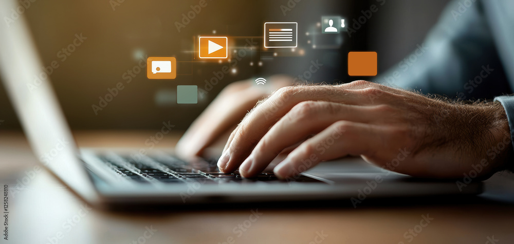 Leinwandbilder Close up of developer hands typing code on laptop, with digital icons representing technology and communication floating above. scene conveys focus and innovation