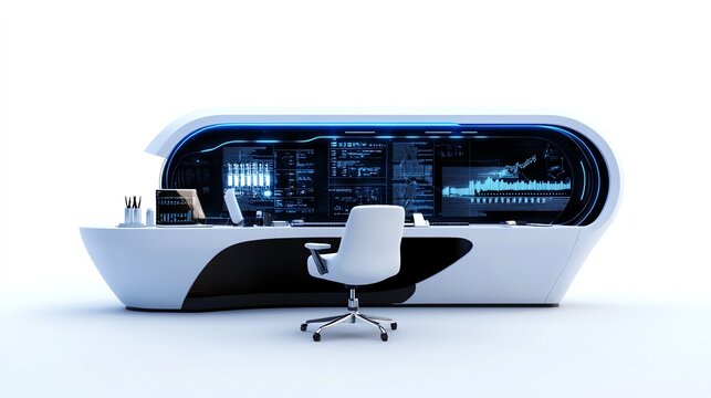 a futuristic DIY home lab, holographic displays, sleek design, 3D render, isolated on white background