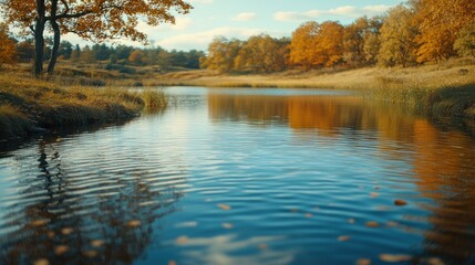 Fototapeta premium Autumn lake, calm water, golden trees, tranquil scene, nature background, ideal for travel brochure