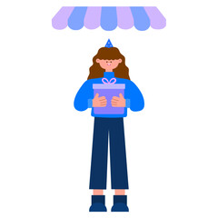 Smiling customer holding a gift box in front of store, flat vector illustration