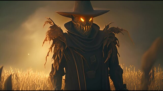 This is a 3D illustration of a scarecrow coming to life on halloween.