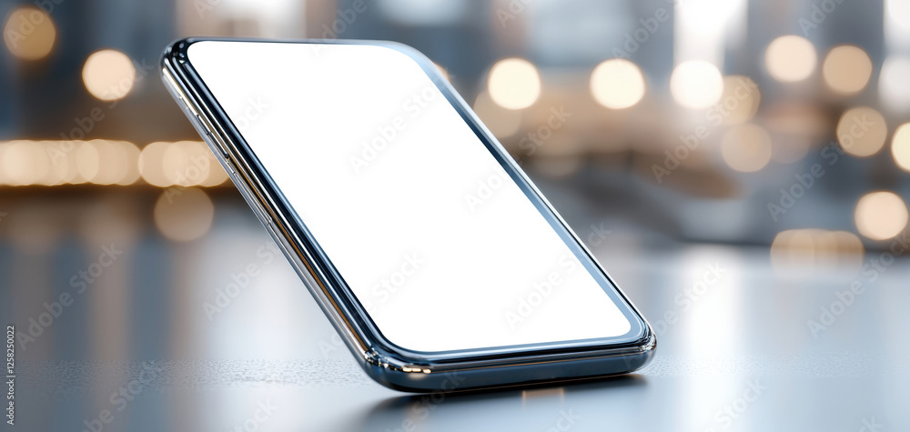 Poster modern smartphone with blank screen, reflecting light in blurred background. sleek design and shiny 