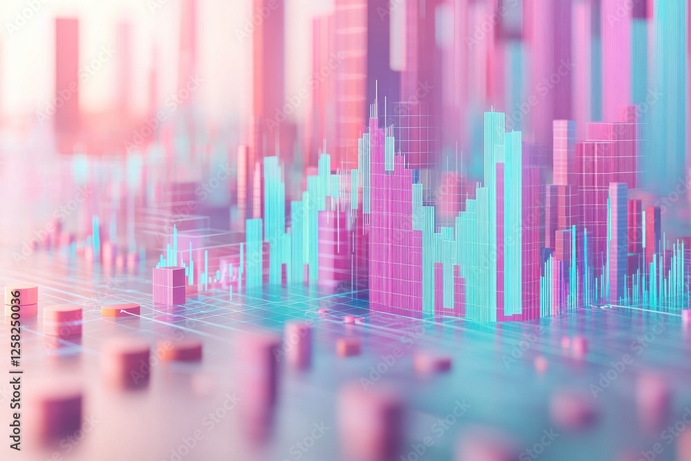 Poster a vibrant, abstract representation of data visualization with colorful bars and peaks, suggesting tr