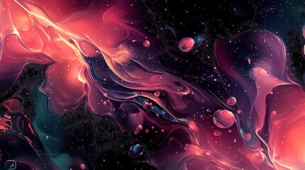 Abstract cosmic swirls with vibrant red, pink, and teal hues, interspersed with dark space and glowing orbs.