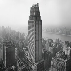 Manhattan skyscraper, aerial view, foggy city, river, vintage