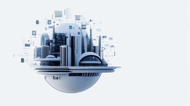 a futuristic research center, AI algorithms visualized as floating data, scifi theme, isolated on white background