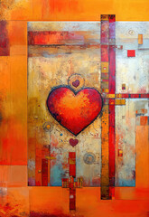 Abstract painting of a red heart with colourful squares in the background