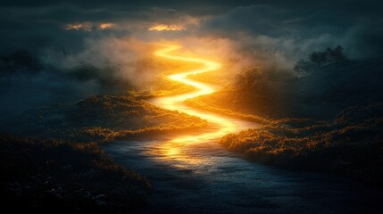 Fototapeta premium Glowing path through misty landscape, sunrise, fantasy, hope, spirituality