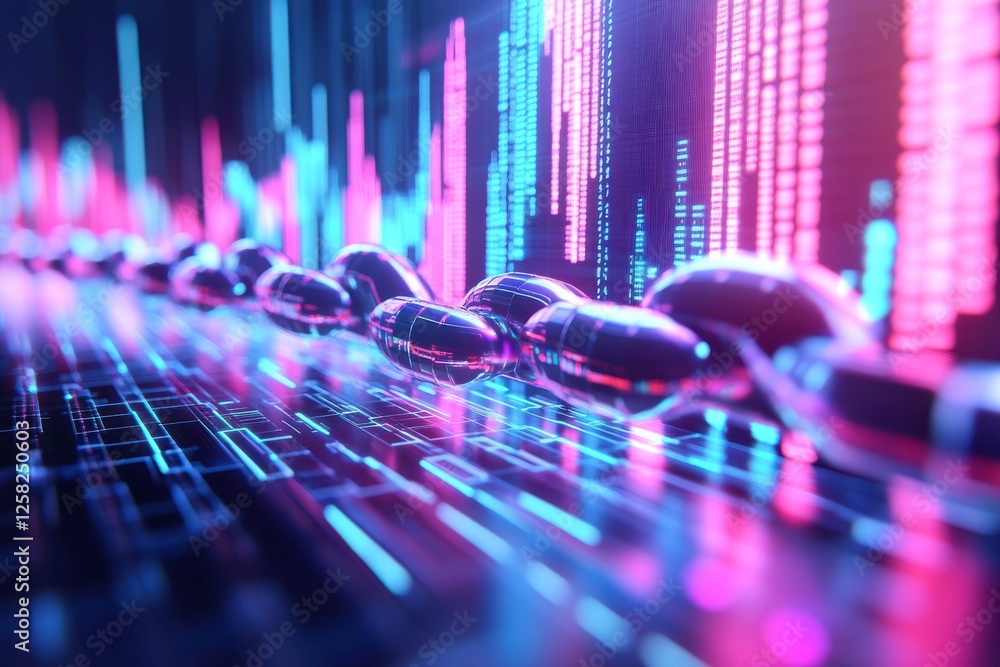 Poster a futuristic digital landscape with glowing lines and luminous bars, symbolizing data flow and techn