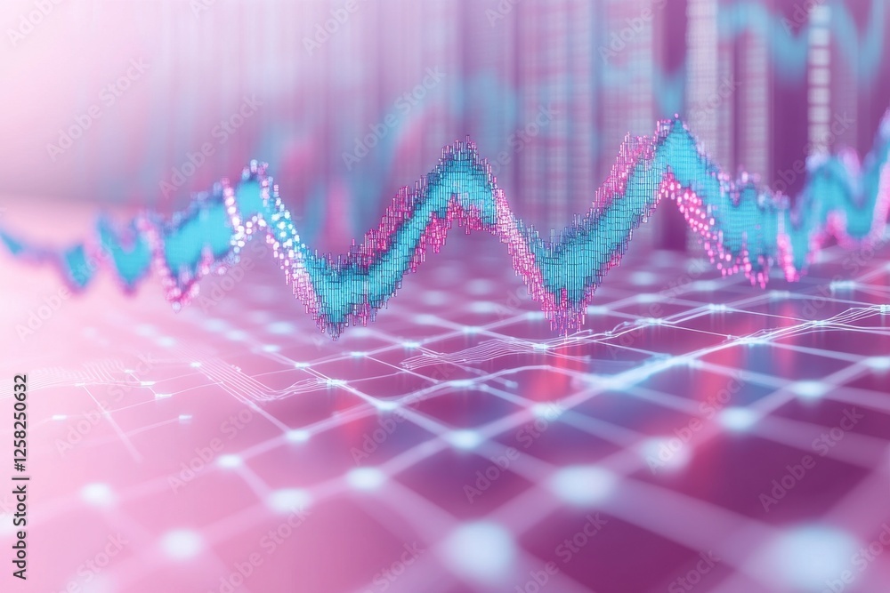 Poster a vibrant digital graph visualizing data trends with colorful peaks and valleys against a soft pink 