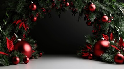 Festive red Christmas ornaments arch, dark background, holiday greeting card