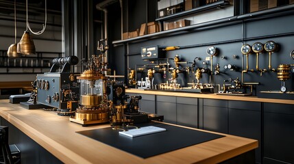 Naklejka premium A retroinspired experimental physics room with brass gyroscopes, handcalculated notes, and a working steampowered generator