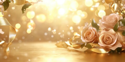 Realistic of A gold background with roses, ribbons, gift box locate on table with blurr background for a celebration day.