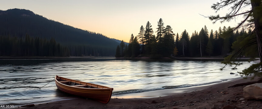 Boat Moored at Lakeside Beach during Mountain Sunset for adventure travel