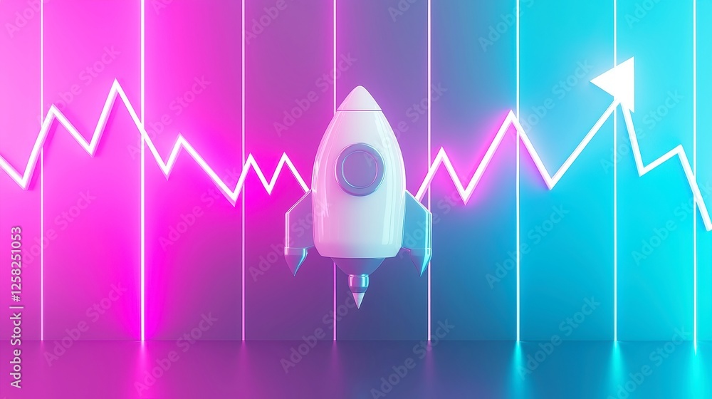 Poster dynamic economic growth visualization with neon arrows pointing upward, a futuristic spaceship soari