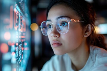 A young woman wearing glasses intently observes a digital screen filled with glowing data. The ambient light highlights her focus and concentration on analytical tasks.