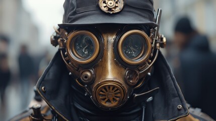 Fototapeta premium Steampunk mask, city street, crowd, parade, costume