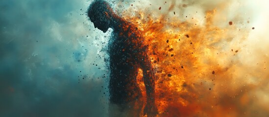 Fiery figure disintegrating, stormy backdrop, emotional turmoil, graphic design