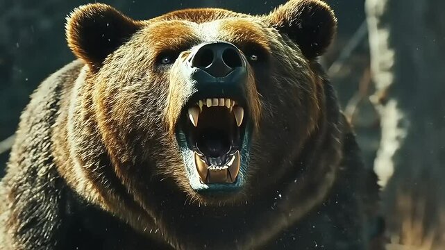 Close-up of an Enraged Brown Bear Roaring, Its Teeth Bared