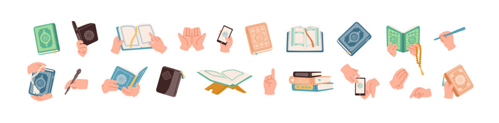 Set of Quran and Muslim hands gesture in colored flat cartoon design. The holy book of the Koran collection. Islamic religion symbol design element. Hand drawn vector illustration isolated on white