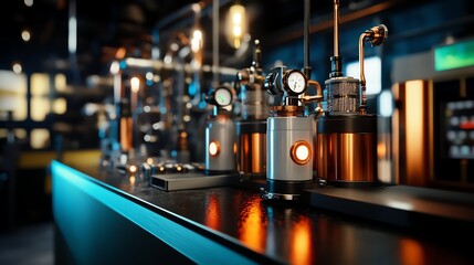 A steampunkstyled energy experiment room with copper coils, pressure gauges, and bubbling neon liquids