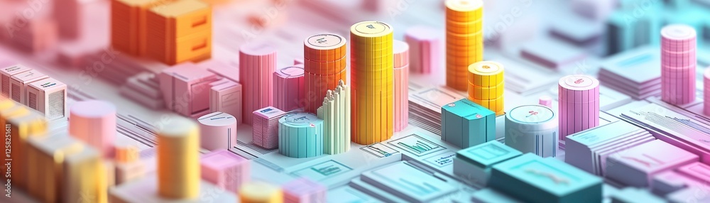 Poster a colorful 3d representation of a cityscape, featuring vibrant buildings and a grid-like layout, evo