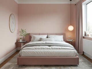 Fototapeta premium Stylish Blush Pink Bedroom with Modern Bed