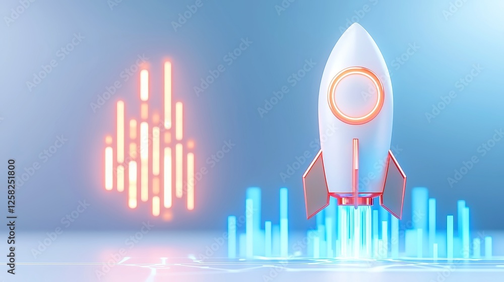 Poster glowing data rocket in exponential growth model, a minimalist design showcasing dynamic movement and