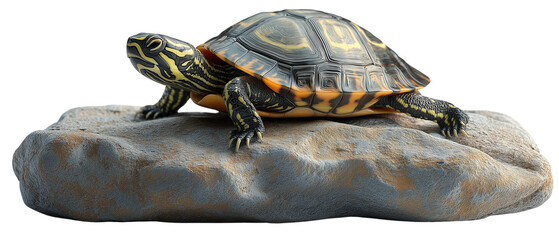 Painted Turtle Basking: A captivating painted turtle with vibrant yellow and black markings rests atop a rocky outcrop, basking in the sun.