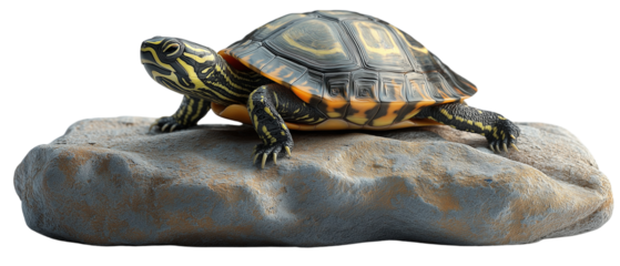 Painted Turtle Basking: A captivating painted turtle with vibrant yellow and black markings rests atop a rocky outcrop, basking in the sun.