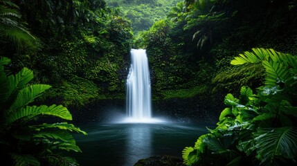 Serene waterfall cascading into a lush tropical pool