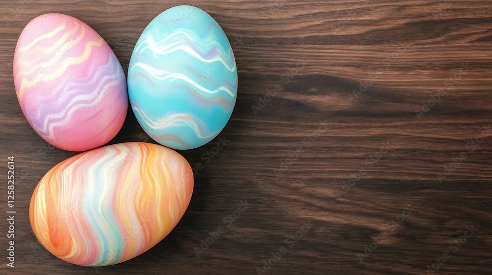 Aufkleber three mottled easter eggs on wood grain background with abstract wave pattern design festive display